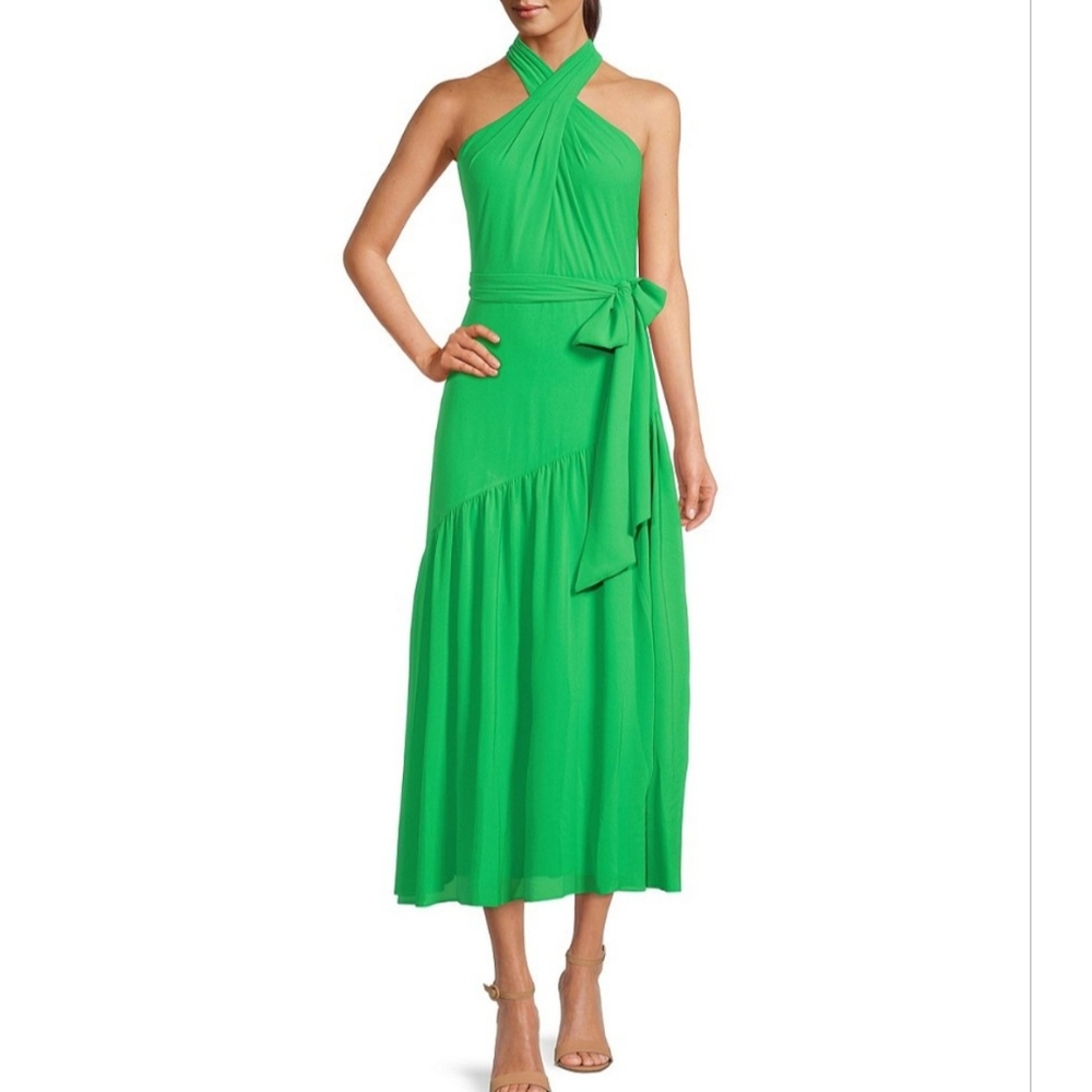 Belle Badgley Mischka Malia Halter Neckline A-Line Midi Dress